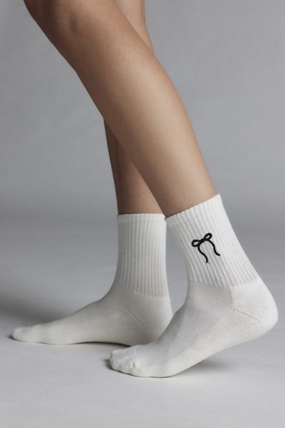 Urban Outfitters Icon Embroidered Quarter Crew Sock In White/black Bow, Women's At  In White/black Bow