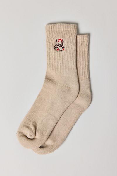 Urban Outfitters Icon Embroidered Quarter Crew Sock In Taupe/teddy Icon, Women's At  In Taupe/teddy Icon