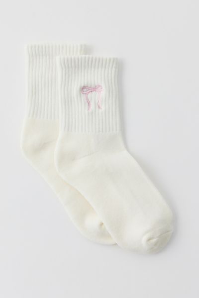 Urban Outfitters Bow Quarter Crew Sock In White/pink Bow, Women's At