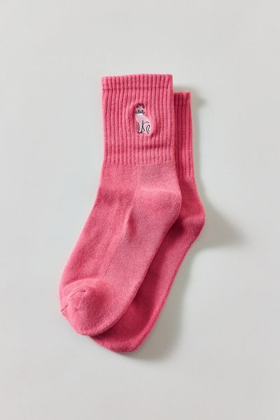 Urban Outfitters Icon Embroidered Quarter Crew Sock In Pink/cat, Women's At