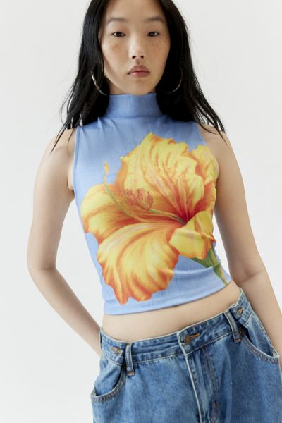 Urban Outfitters Floral Mock Neck Tank Top In Blue, Women's At