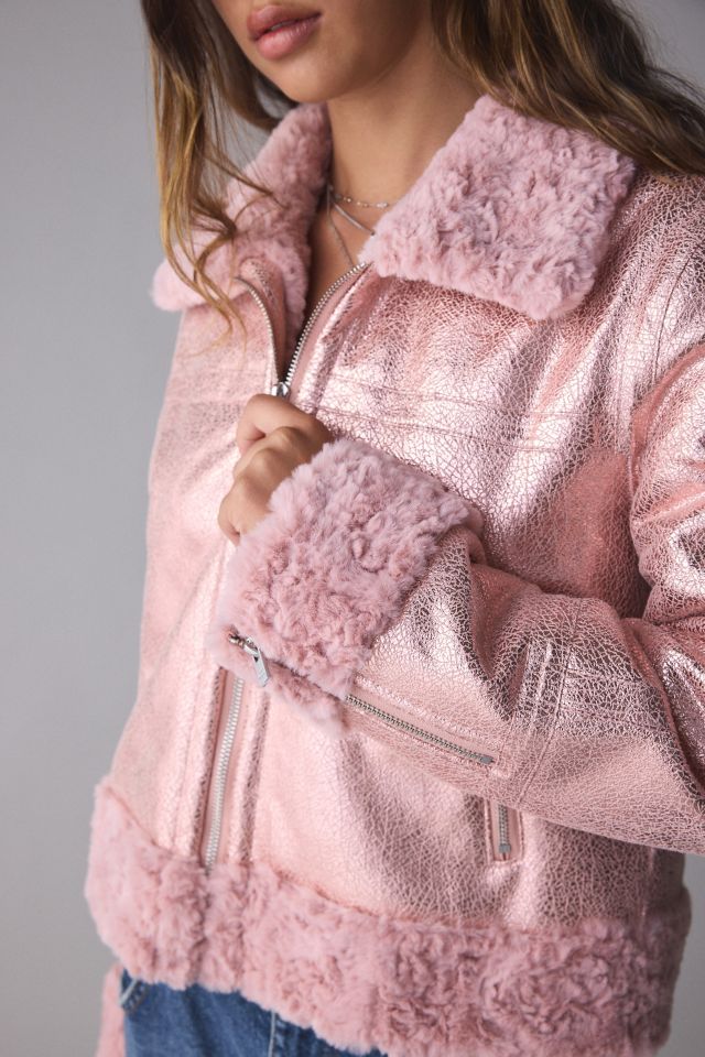 Unreal Fur Métallique Faux Fur Trim Aviator Jacket #1