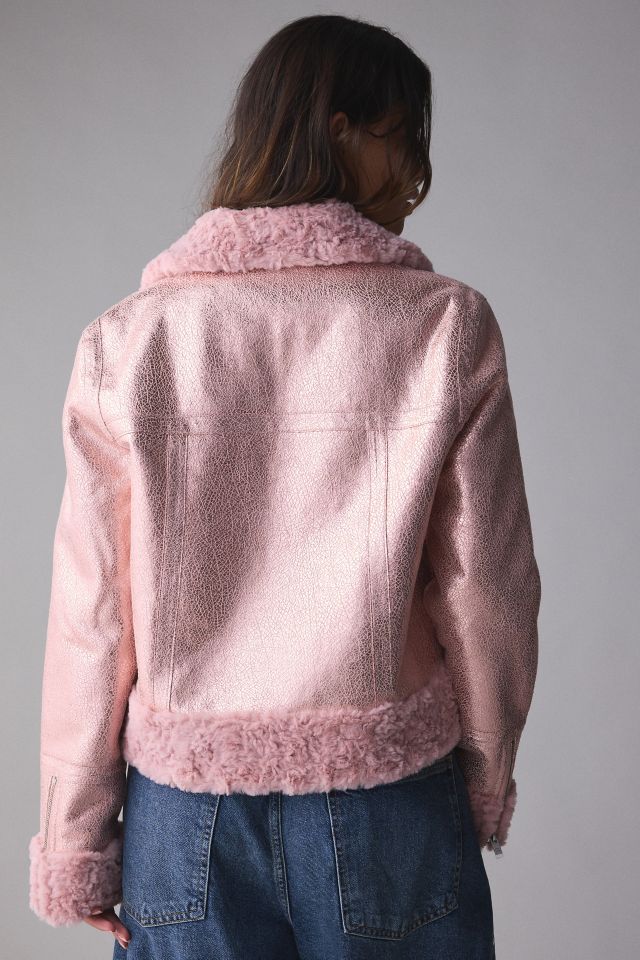 Unreal Fur Métallique Faux Fur Trim Aviator Jacket #2