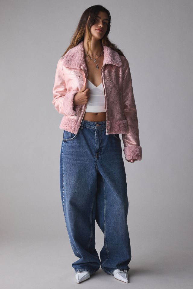 Unreal Fur Métallique Faux Fur Trim Aviator Jacket #3