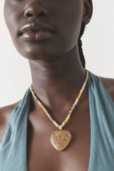 Urban Outfitters Stone Heart Beaded Necklace In Neutral, Women's At  In Gold