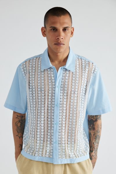 BDG CROCHET LACE SHORT SLEEVE BUTTON-DOWN SHIRT TOP IN SLATE, MEN'S AT URBAN OUTFITTERS 