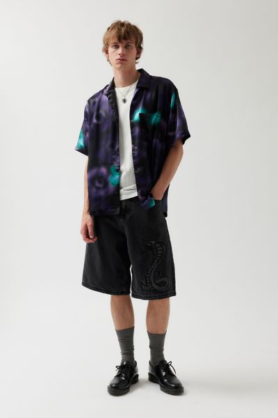 UO Abstract Pattern Satin Short Sleeve Button-Down Shirt