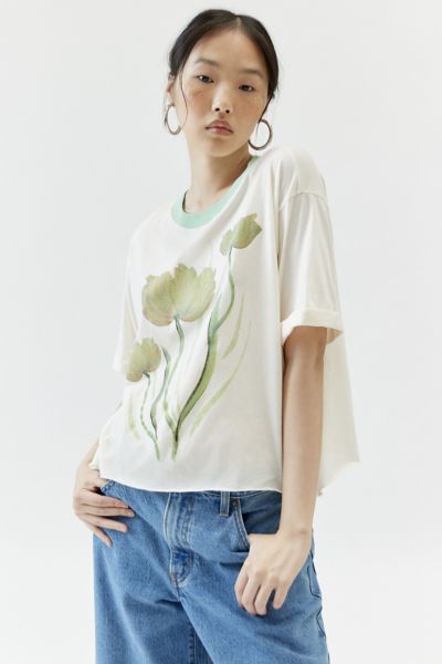 Urban Outfitters Flowers Ringer Tee In Ivory, Women's At  In Neutral