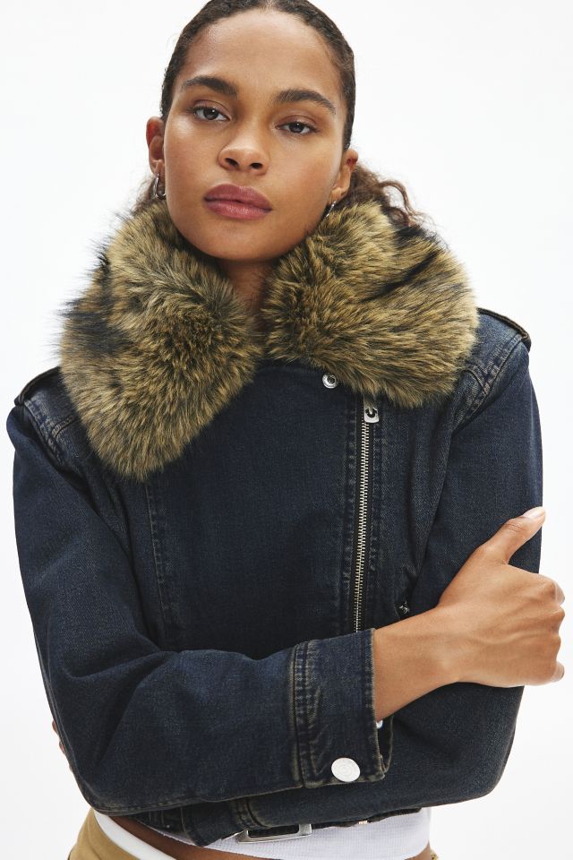 Veste Moto en Denim True Religion avec Garniture en Fausse Fourrure #1