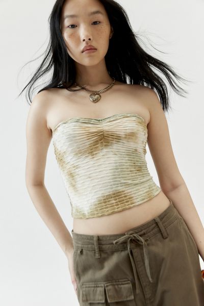 Urban Renewal Remnants Ruched Textured Tube Top In Green/brown At Urban Outfitters