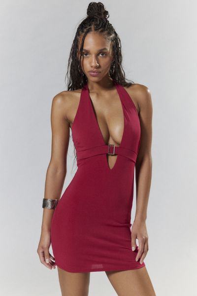 silence + noise viola belted plunge halter mini dress