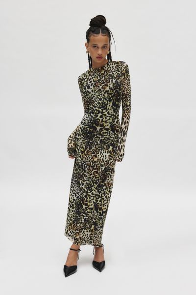 afrm didi leopard print mesh long sleeve maxi dress