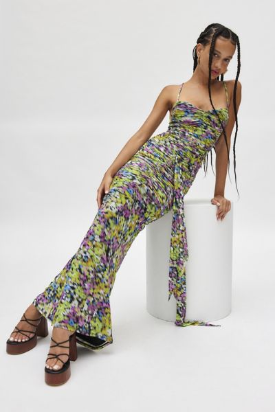 afrm azula printed mesh ruched front maxi dress