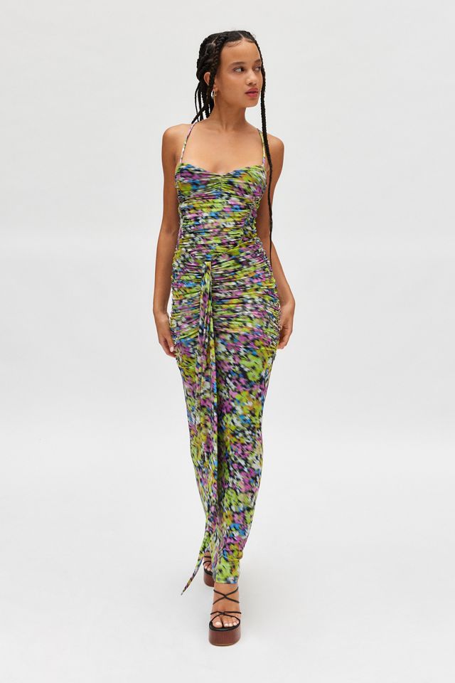 AFRM Azula Printed Mesh Ruched Front Maxi Dress | Urban Outfitters