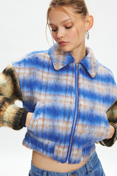 Kimchi Blue Stevie Patchwork Plaid Bomber Jacket In Blue, Women's At Urban Outfitters In Blue