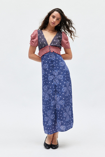 Kimchi Blue Ioni Plunging Puff Sleeve Midi Dress In Assorted, Women's At Urban Outfitters In Animal Print