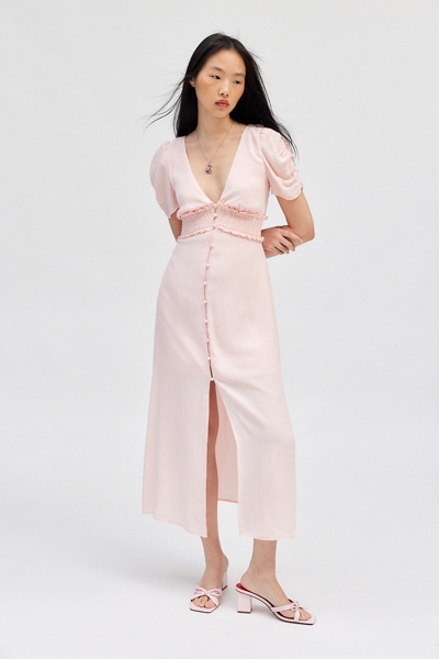 Kimchi Blue Ioni Plunging Puff Sleeve Midi Dress In Pink, Women's At Urban Outfitters In Pink
