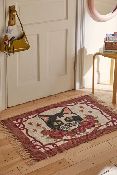 Urban Outfitters Cat Bouquet Printed Rag Rug In Pink At  In Brown