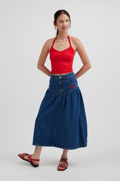 Kimchi Blue Clara Drop Waist Denim Midi Skirt | Urban Outfitters