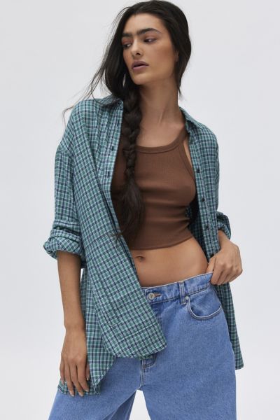Bdg Rick Boyfriend Flannel Shirt In Turquoise, Women's At Urban Outfitters