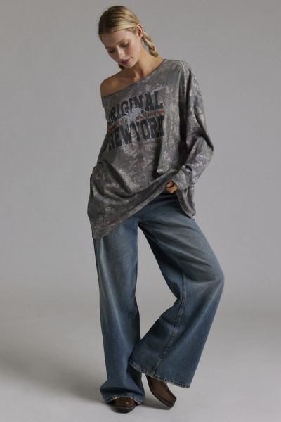 Urban Outfitters New York Graphic Camo Off-the-shoulder Long Sleeve Tee In Green, Women's At