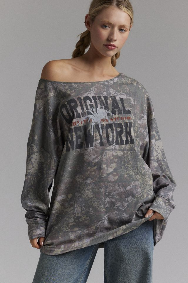New York Graphic Camo Off-The-Shoulder Long Sleeve Tee #1