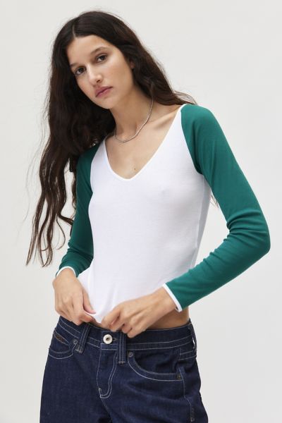 BDG VOOP LONG SLEEVE TEE IN GREEN/WHITE, WOMEN'S AT URBAN OUTFITTERS 