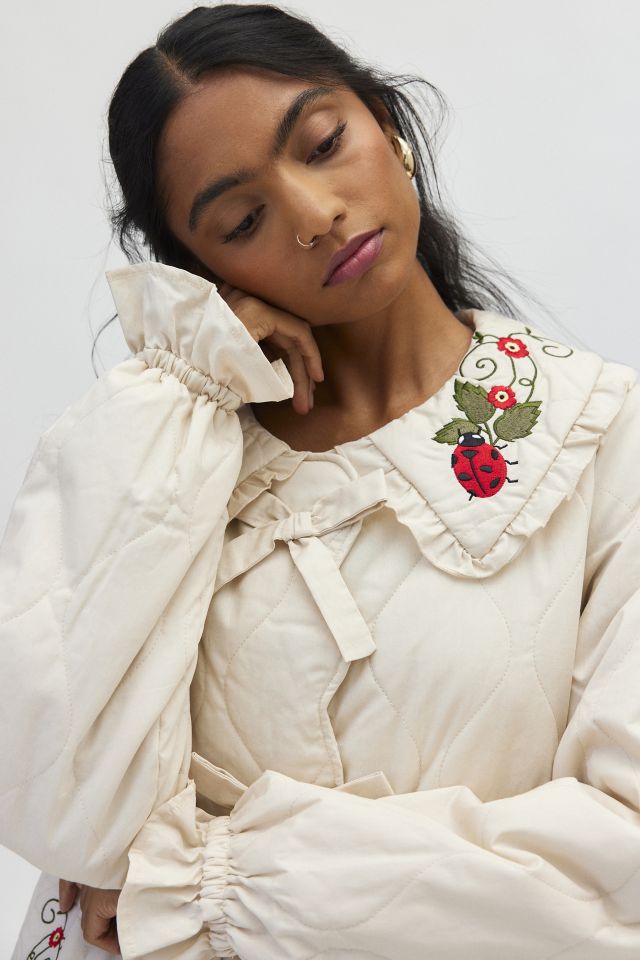 Neon Rose Embroidered Bow Tie-Front Quilted Jacket #1