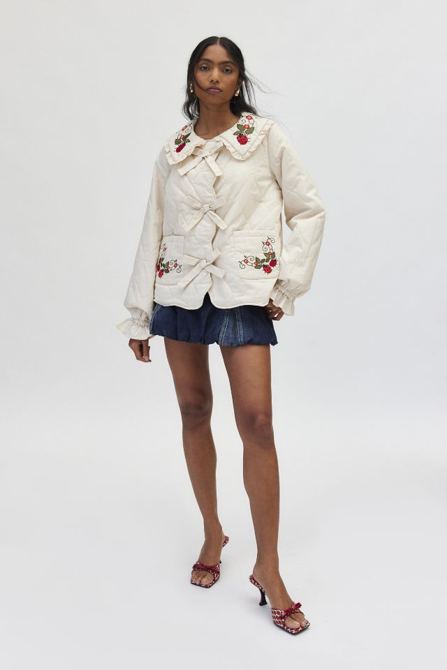 Neon Rose Embroidered Bow Tie-Front Quilted Jacket #3