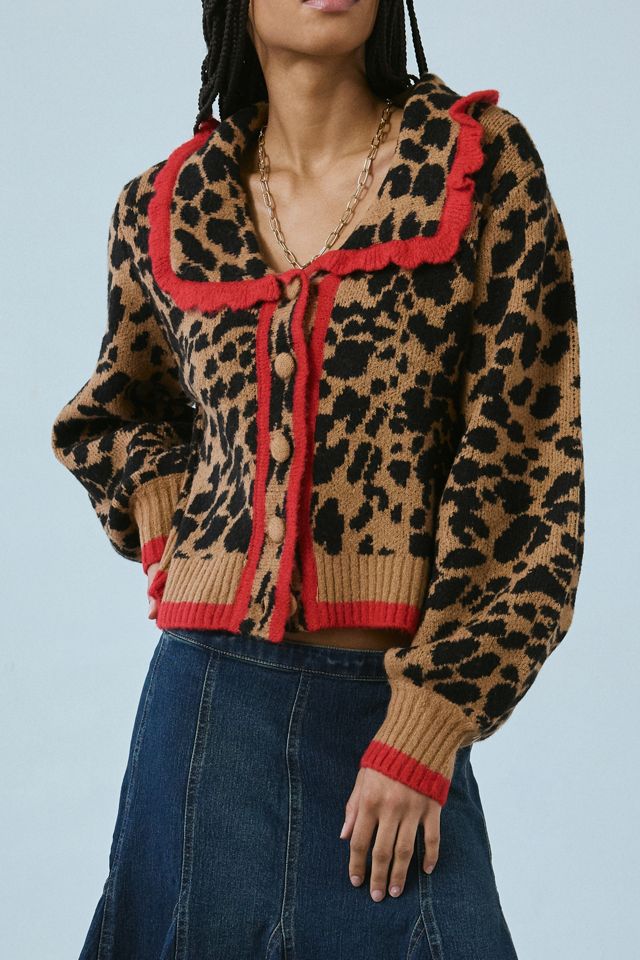 Neon Rose Blake Ruffle Collar Leopard Cardigan | Urban Outfitters