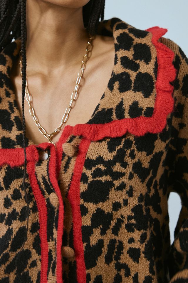 Neon Rose Blake Ruffle Collar Leopard Cardigan | Urban Outfitters