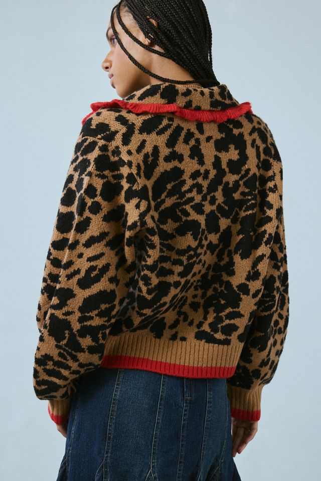 トップス Leopard Rose flower motif knit cardigan Neon Rose Blake Ruffle Collar Leopard Cardigan | Urban Outfitters
