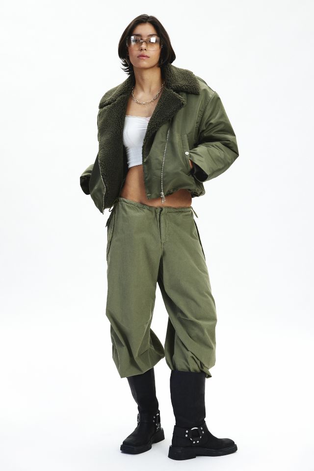 Trunk Project Khaki Faux Shearling Cropped Biker Jacket #1