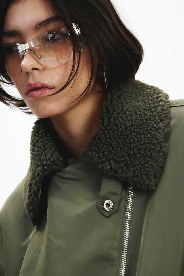 Trunk Project Khaki Faux Shearling Cropped Biker Jacket #2