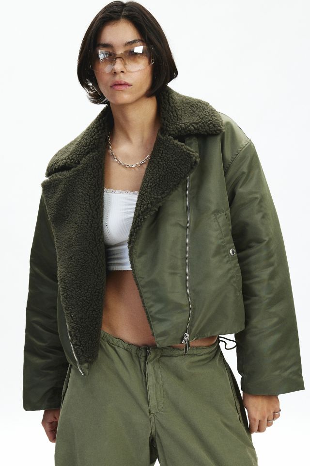 Trunk Project Khaki Faux Shearling Cropped Biker Jacket #3