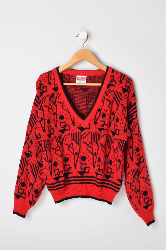 Vintage 90s Red & Black Patterned V-Neck Sweater | Urban Outfitters