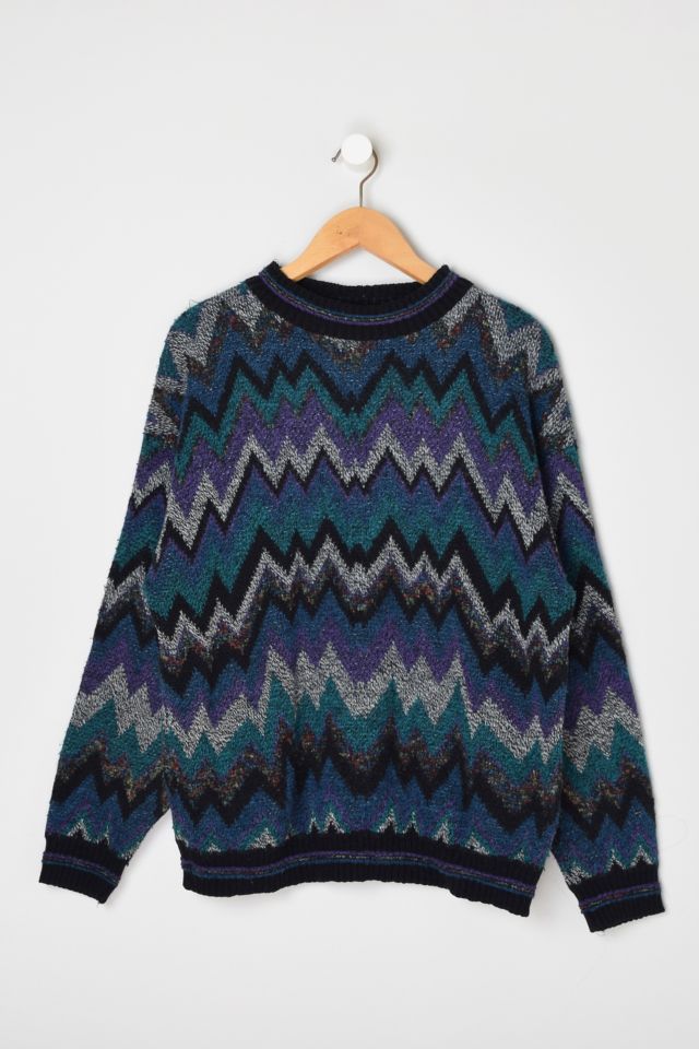 Vintage 90s Teal Purple Zig Zag Knit Sweater Urban Outfitters