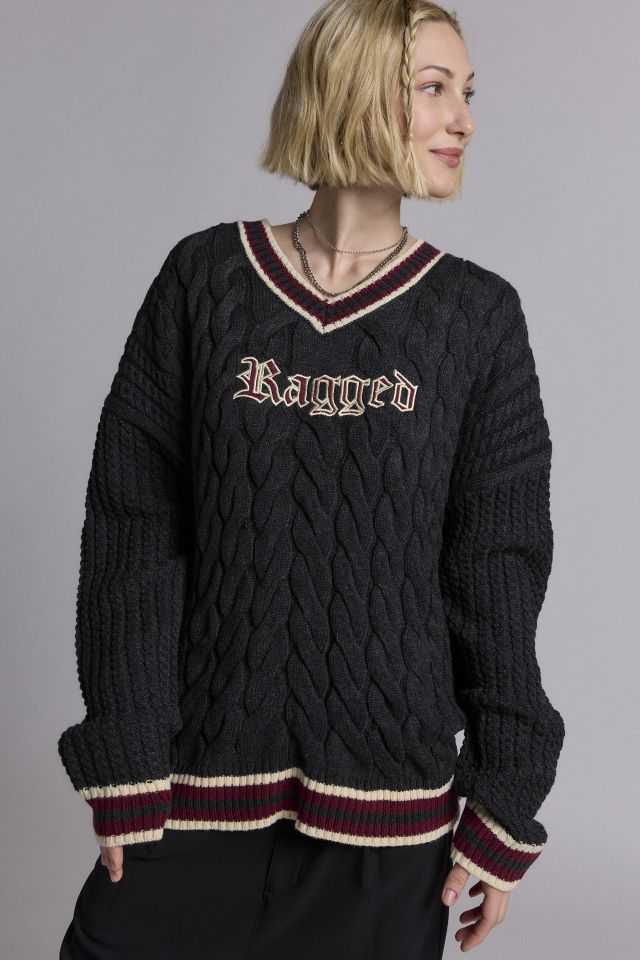 The Ragged Priest Embroidered Graphic V-Neck Cable Knit Sweater #1
