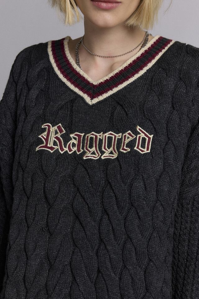The Ragged Priest Embroidered Graphic V-Neck Cable Knit Sweater #2