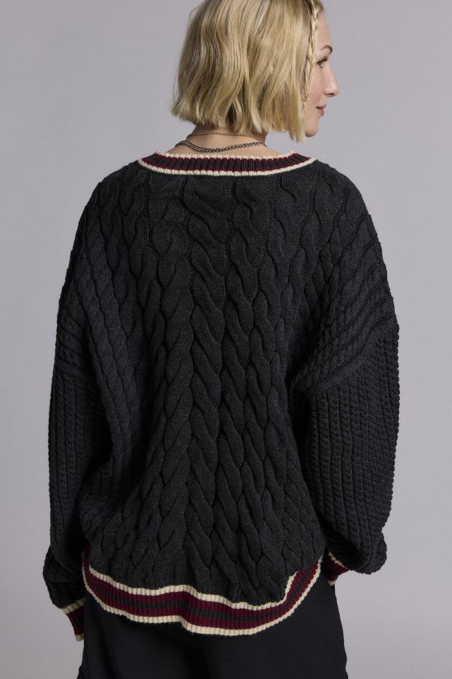 The Ragged Priest Embroidered Graphic V-Neck Cable Knit Sweater #3