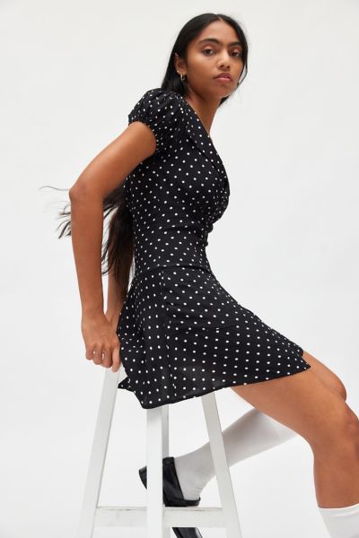 Kimchi Blue Vera Polka Dot Drop Waist Mini Dress In Black, Women's At Urban Outfitters In Black