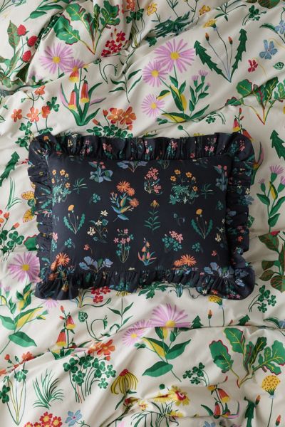 Urban Outfitters Cotton Ruffle Bolster Pillow In Black Flori Stems At