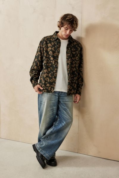 BDG LEOPARD PRINT LONG SLEEVE SHIRT IN BLUE, MEN'S AT URBAN OUTFITTERS 