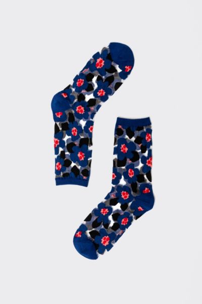 Shop Sock Candy Bold Blue Floral Sheer Sock In Blue, Women's At Urban Outfitters