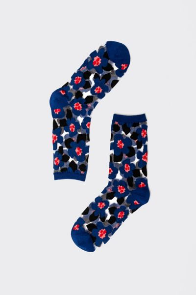 Sock Candy Bold Blue Floral Sheer Sock In Blue, Women's At Urban Outfitters In Blue