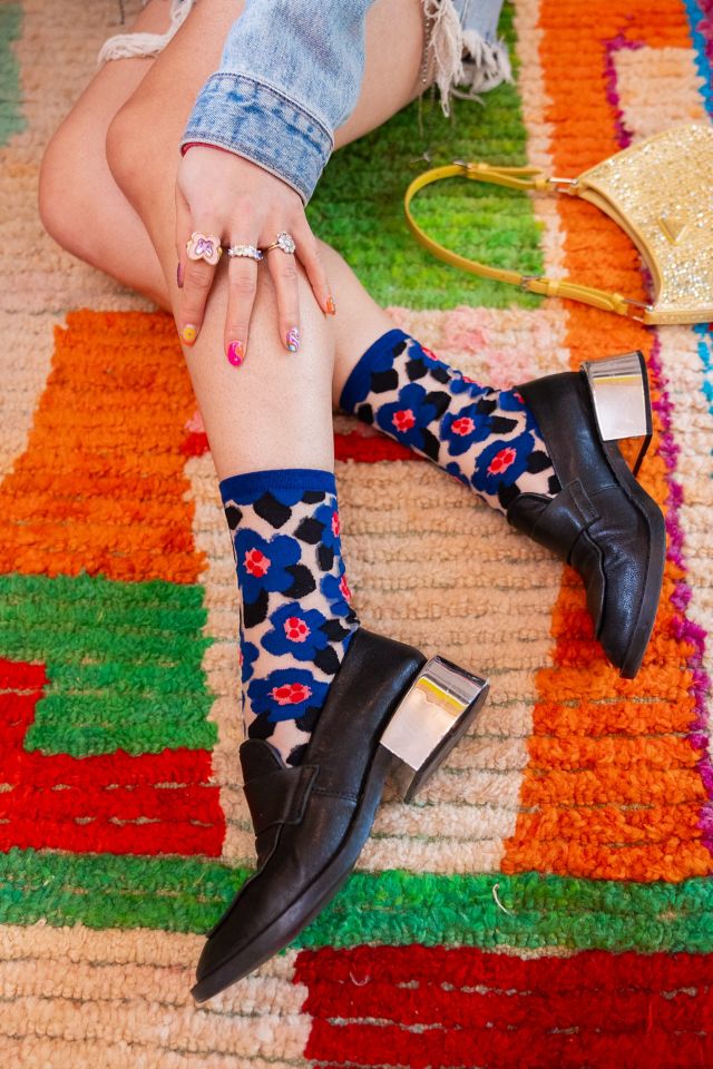 Sock Candy Bold Blue Floral Sheer Sock | Urban Outfitters