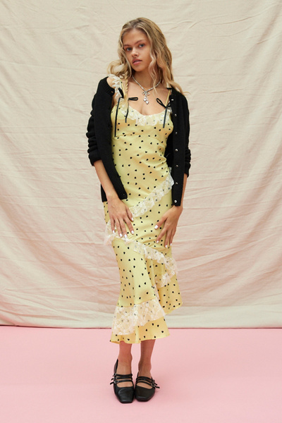 Kimchi Blue Adalyn Satin Off-the-shoulder Asymmetric Midi Slip Dress In Light Yellow, Women's At Urban Outfitter In Yellow