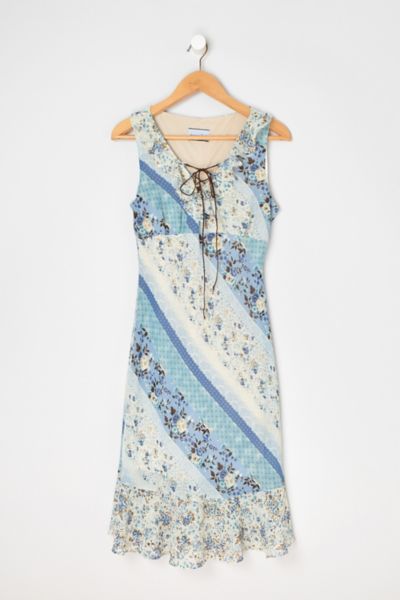 Vintage Y2k Blue & Cream Rawhide-Laced Midi Dress