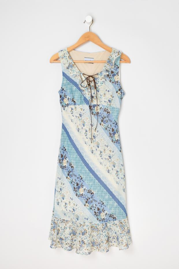 Vintage Y2k Blue & Cream Rawhide-Laced Midi Dress