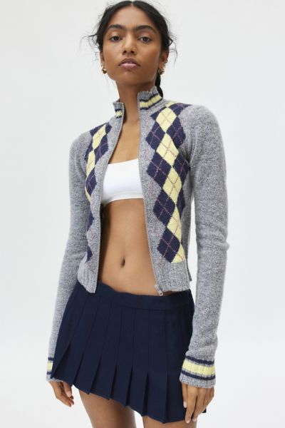 Bdg Clarke Argyle Zip-up Sweater In Grey, Women's At Urban Outfitters In Grey
